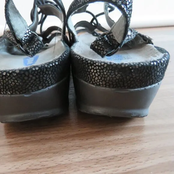 WOLKY Bombi Lace Up Leather Sandals in Black Silver Caviar - Size EU 38 / US 7