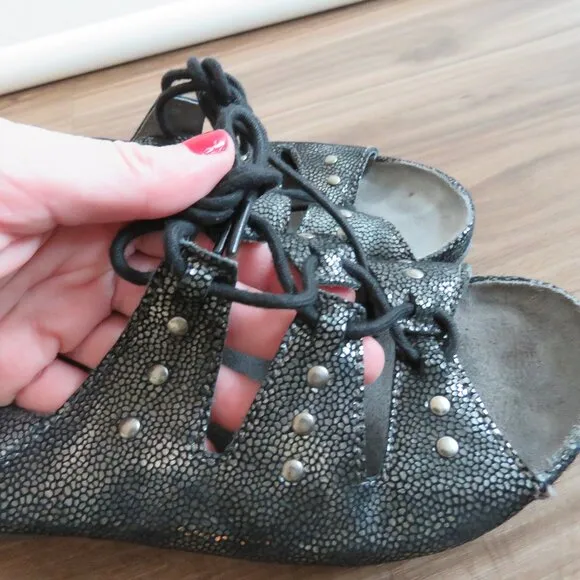 WOLKY Bombi Lace Up Leather Sandals in Black Silver Caviar - Size EU 38 / US 7