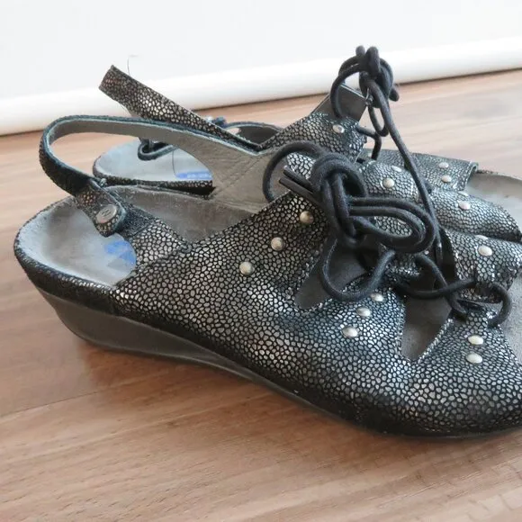 WOLKY Bombi Lace Up Leather Sandals in Black Silver Caviar - Size EU 38 / US 7