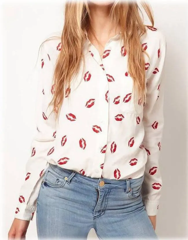 Women Blouse Fashion Turn-down Collar Red Lip Print White Lady Chiffon Shirt Long Sleeve Tops y487