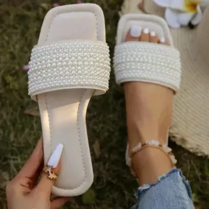 Women Pearl Decor Flat Sandals, Four Size Options Of Gradient Pearls, Luxurious