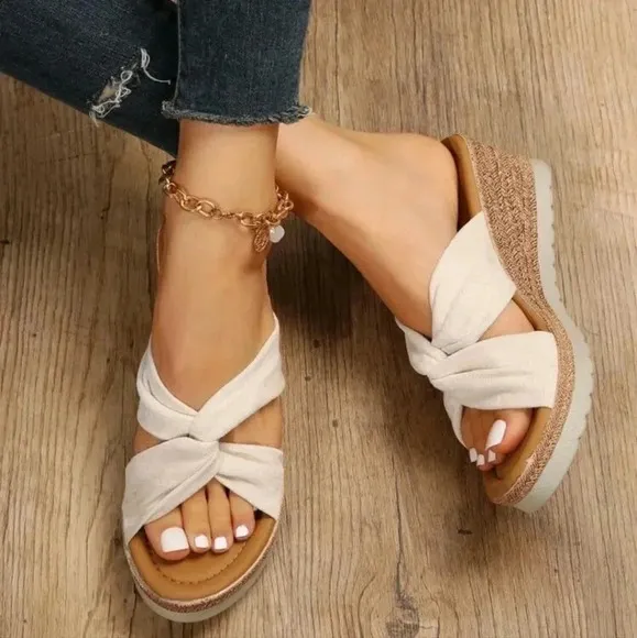 Women Twist Detail Cut Out Espadrille Wedge Slide Sandals, Vacation Outdoor Faux