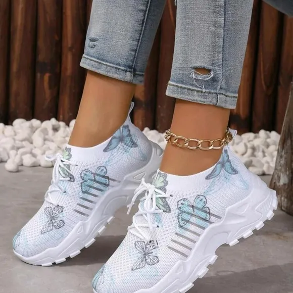 Women's Butterfly Pattern Mesh Sneakers, Color Block Low Top Lace-Up Casual