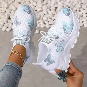 Women's Butterfly Pattern Mesh Sneakers, Color Block Low Top Lace-Up Casual