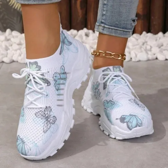 Women's Butterfly Pattern Mesh Sneakers, Color Block Low Top Lace-Up Casual