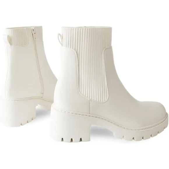 Women's Chelsea Boots Platform Elastic Zip White Faux Leather Lug Sole Bootie