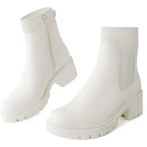Women's Chelsea Boots Platform Elastic Zip White Faux Leather Lug Sole Bootie