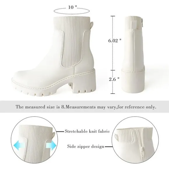 Women's Chelsea Boots Platform Elastic Zip White Faux Leather Lug Sole Bootie