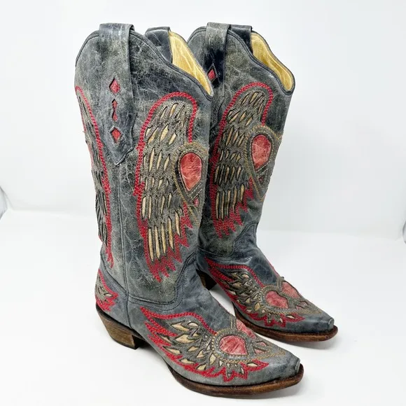 Women's Corral Saddle Leather Winged Heart Cowgirl Boot Snip Toe 7