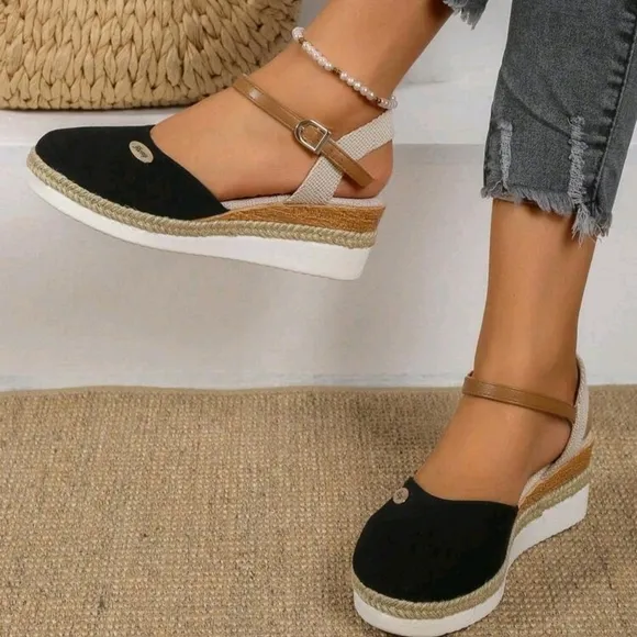 Women's Hollow-out Wedge Heel Sandals With Woven Sole, Black, Elegant Style