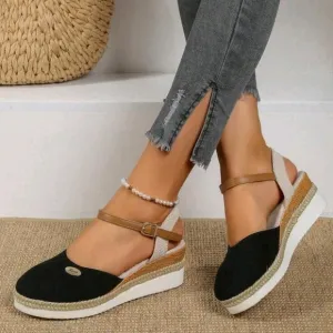 Women's Hollow-out Wedge Heel Sandals With Woven Sole, Black, Elegant Style