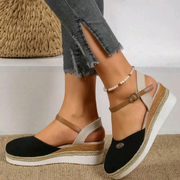 Women's Hollow-out Wedge Heel Sandals With Woven Sole, Black, Elegant Style