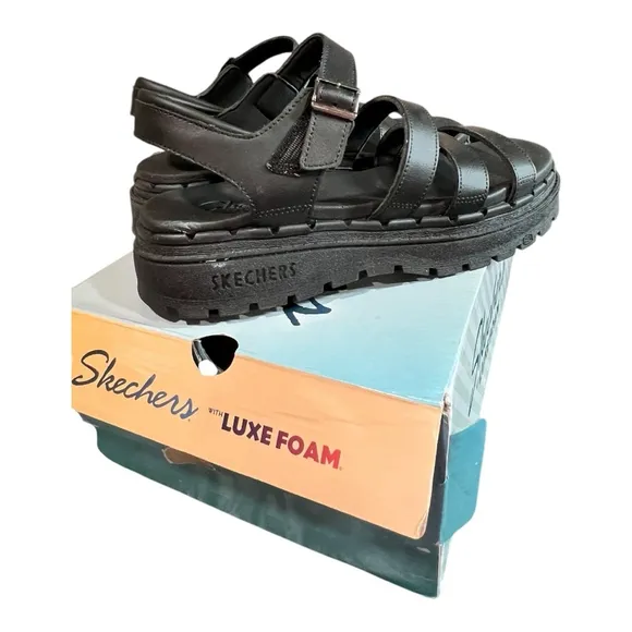 Women's Size 10 Skechers Jammers-Poppin Sandals Black Lug Sole NEW Luxe Foam