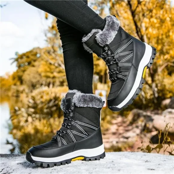 Women's Snow Boots Warm Fur Lined Winter Boots Anti Slip Ankle Boots, Black