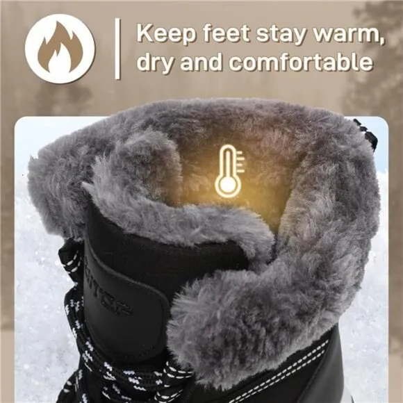 Women's Snow Boots Warm Fur Lined Winter Boots Anti Slip Ankle Boots, Black
