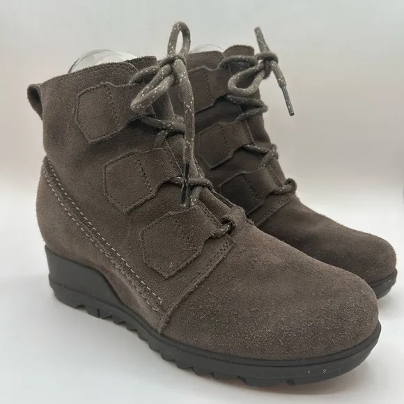 Women’s Sorel Evie Lace  MAJOR Wedge Boots Wmn's 7 Leather Suede Gray