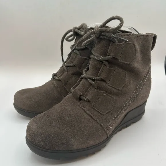 Women’s Sorel Evie Lace  MAJOR Wedge Boots Wmn's 7 Leather Suede Gray