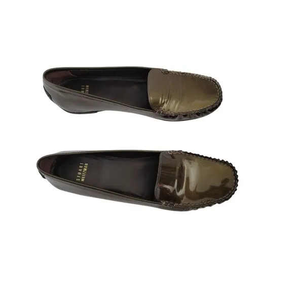 Women's Stuart Weitzman Patent Leather Olive Loafers Moc 8.5 N Narrow