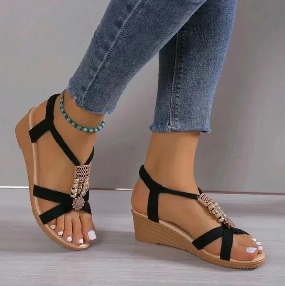 Women's Style Beaded Wedge Sandals, Summer, Medium Heel, Black Color