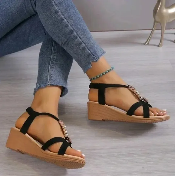 Women's Style Beaded Wedge Sandals, Summer, Medium Heel, Black Color