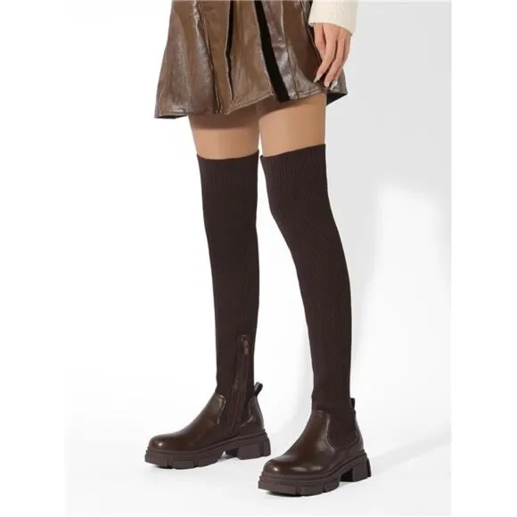 Women's Thigh High Knit Sock Boots Round Toe Mid Chunky Heel