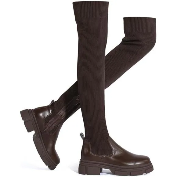 Women's Thigh High Knit Sock Boots Round Toe Mid Chunky Heel