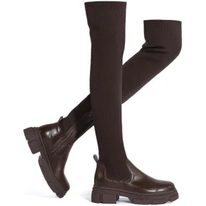 Women's Thigh High Knit Sock Boots Round Toe Mid Chunky Heel