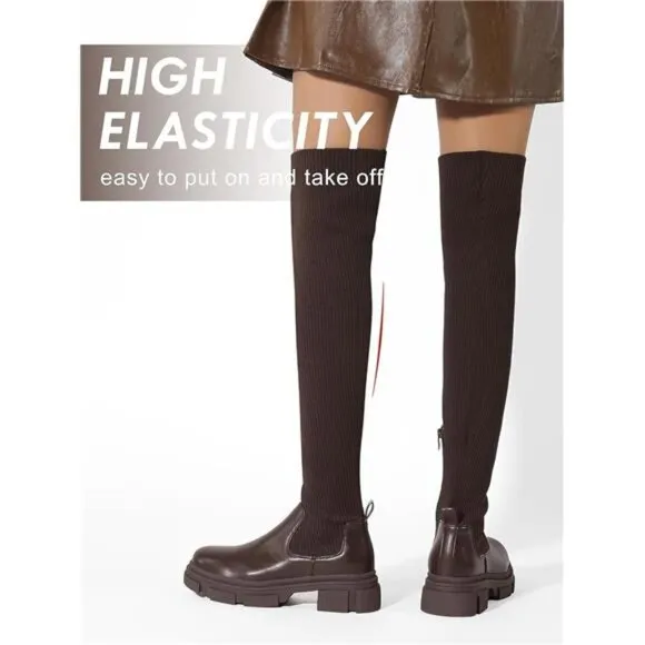 Women's Thigh High Knit Sock Boots Round Toe Mid Chunky Heel