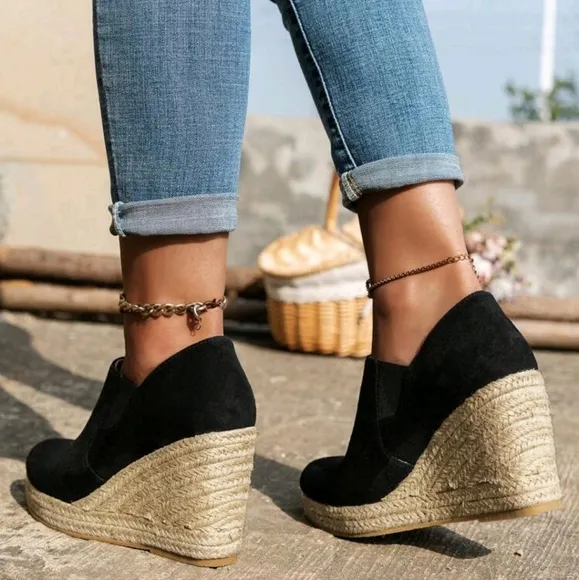 Women's Trendy Versatile Platform Wedge Solid Textured Woven Sole Loafers