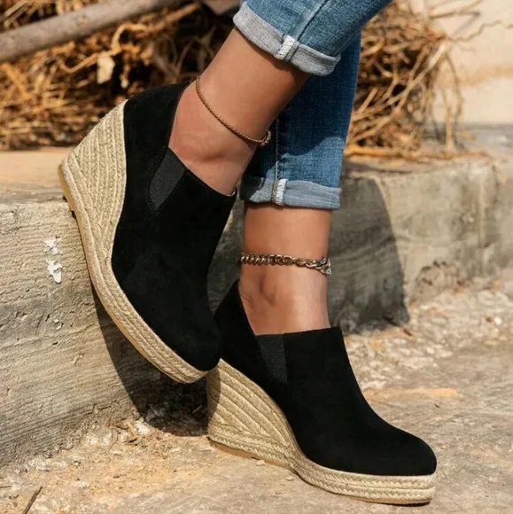 Women's Trendy Versatile Platform Wedge Solid Textured Woven Sole Loafers