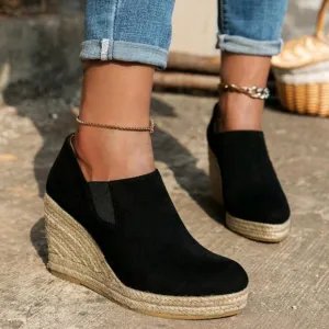 Women's Trendy Versatile Platform Wedge Solid Textured Woven Sole Loafers