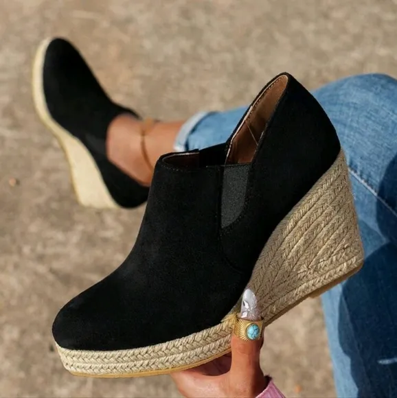 Women's Trendy Versatile Platform Wedge Solid Textured Woven Sole Loafers