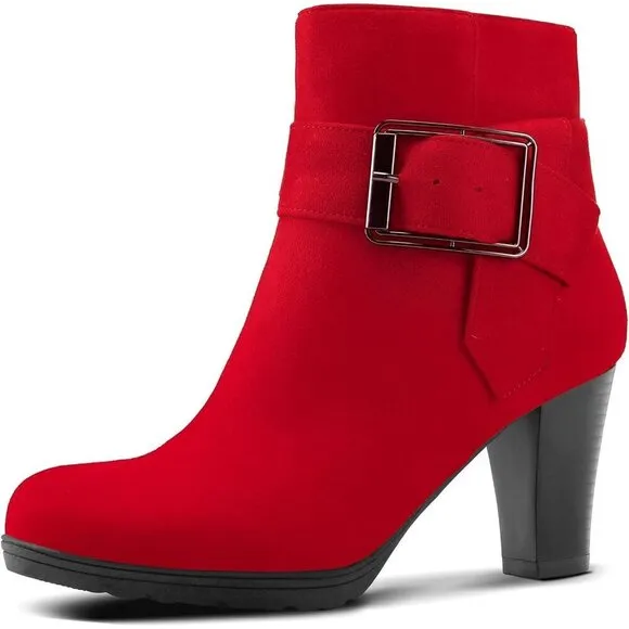Women's Wide Width Chunky Heel  Strap Buckle Ankle Booties with Zipper