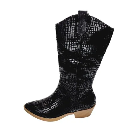 Wonderly Boots Womens Black Faux Crocodile Print Mid-Calf Western Size 6