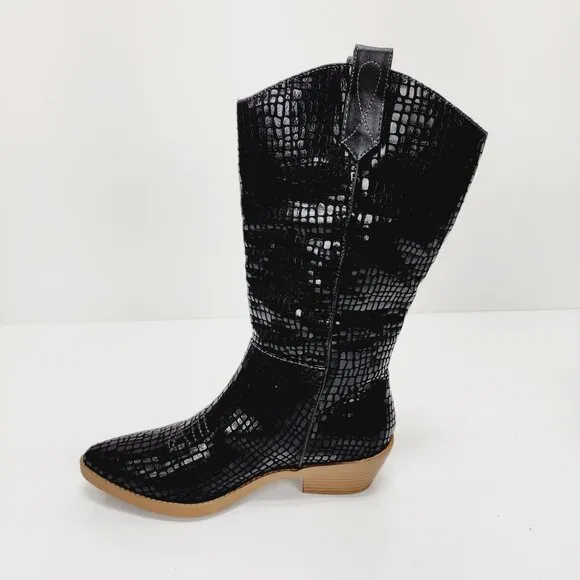 Wonderly Boots Womens Black Faux Crocodile Print Mid-Calf Western Size 6
