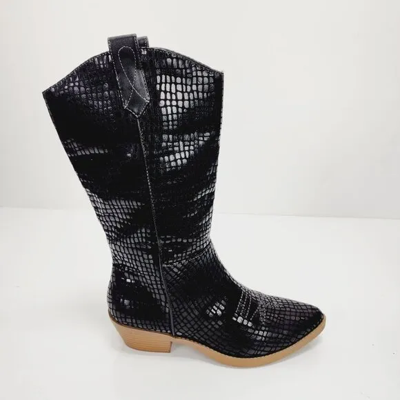 Wonderly Boots Womens Black Faux Crocodile Print Mid-Calf Western Size 6