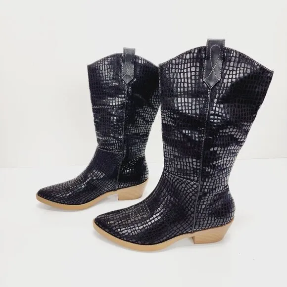 Wonderly Boots Womens Black Faux Crocodile Print Mid-Calf Western Size 6