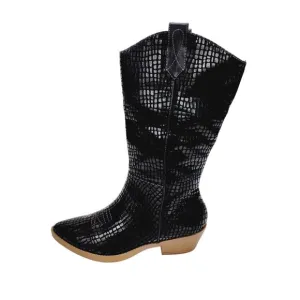 Wonderly Boots Womens Black Faux Crocodile Print Mid-Calf Western Size 6