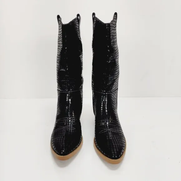 Wonderly Boots Womens Black Faux Crocodile Print Mid-Calf Western Size 6
