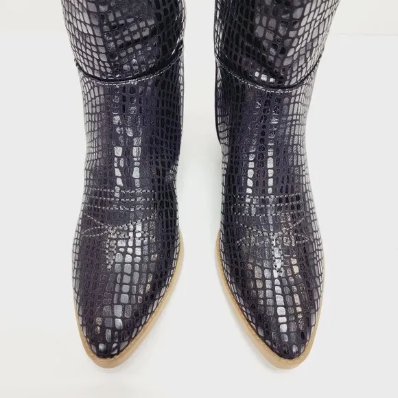 Wonderly Boots Womens Black Faux Crocodile Print Mid-Calf Western Size 6