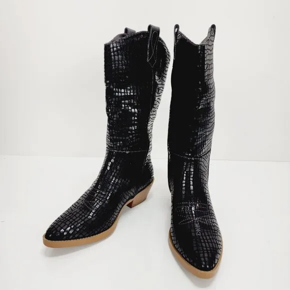 Wonderly Boots Womens Black Faux Crocodile Print Mid-Calf Western Size 6