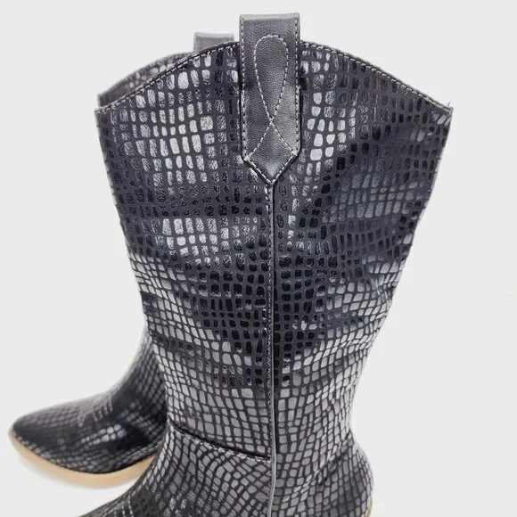 Wonderly Boots Womens Black Faux Crocodile Print Mid-Calf Western Size 6