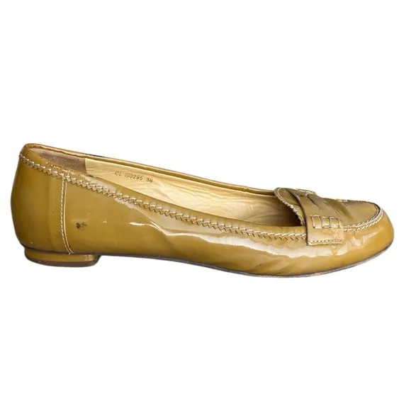 YSL YVES SAINT LAURENT Olive Green Patent Leather Flat Loafers, Size 38