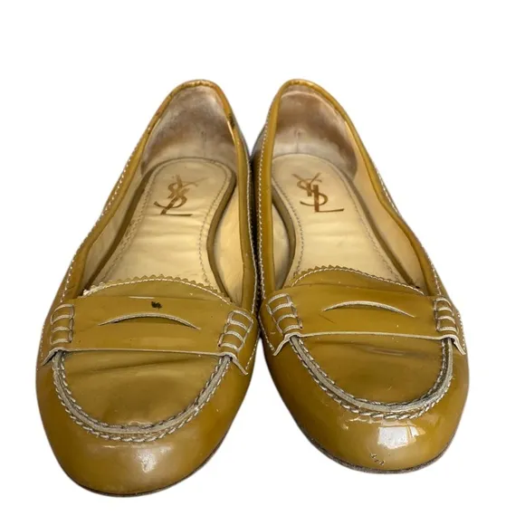 YSL YVES SAINT LAURENT Olive Green Patent Leather Flat Loafers, Size 38