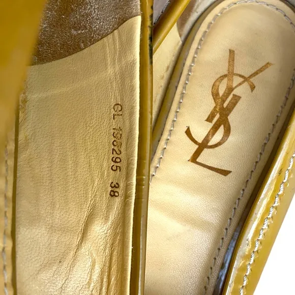 YSL YVES SAINT LAURENT Olive Green Patent Leather Flat Loafers, Size 38