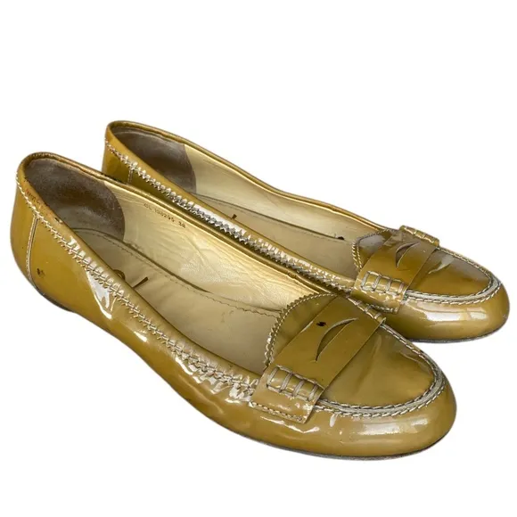 YSL YVES SAINT LAURENT Olive Green Patent Leather Flat Loafers, Size 38