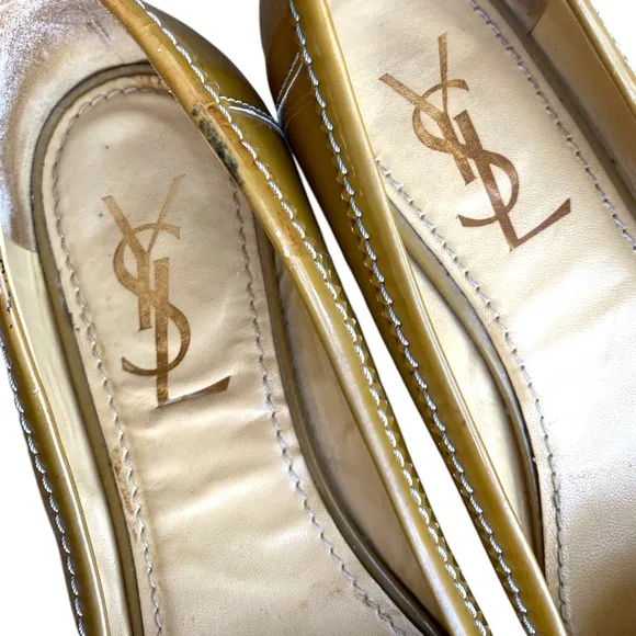 YSL YVES SAINT LAURENT Olive Green Patent Leather Flat Loafers, Size 38