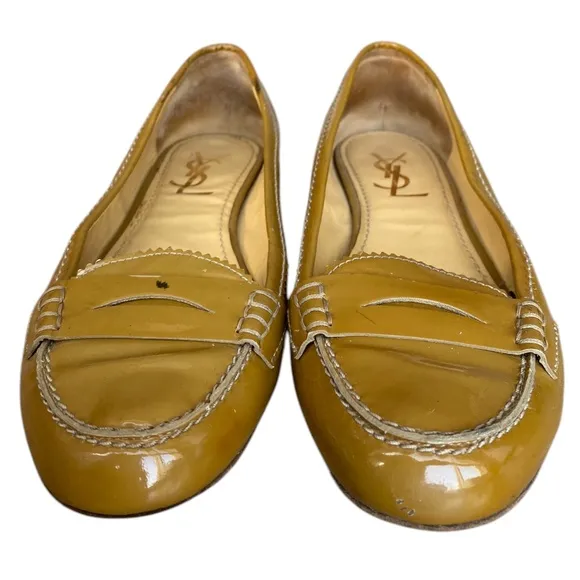 YSL YVES SAINT LAURENT Olive Green Patent Leather Flat Loafers, Size 38