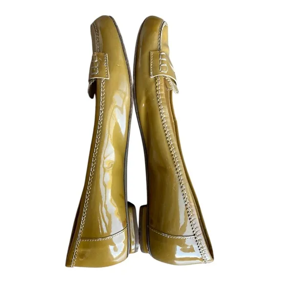 YSL YVES SAINT LAURENT Olive Green Patent Leather Flat Loafers, Size 38