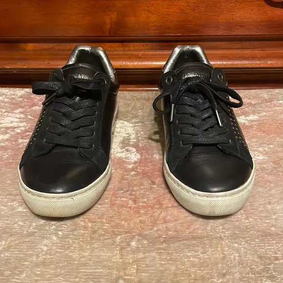 ZADIG &amp; VOLTAIRE Leather Black Silver Studded Lace Up Sneakers ZV1747 $238 EUC 7